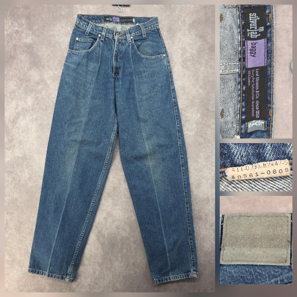 Vintage Levis SilverTab Baggy Jeans Medium Wash High Rise Denim 28x33 90s Y2K